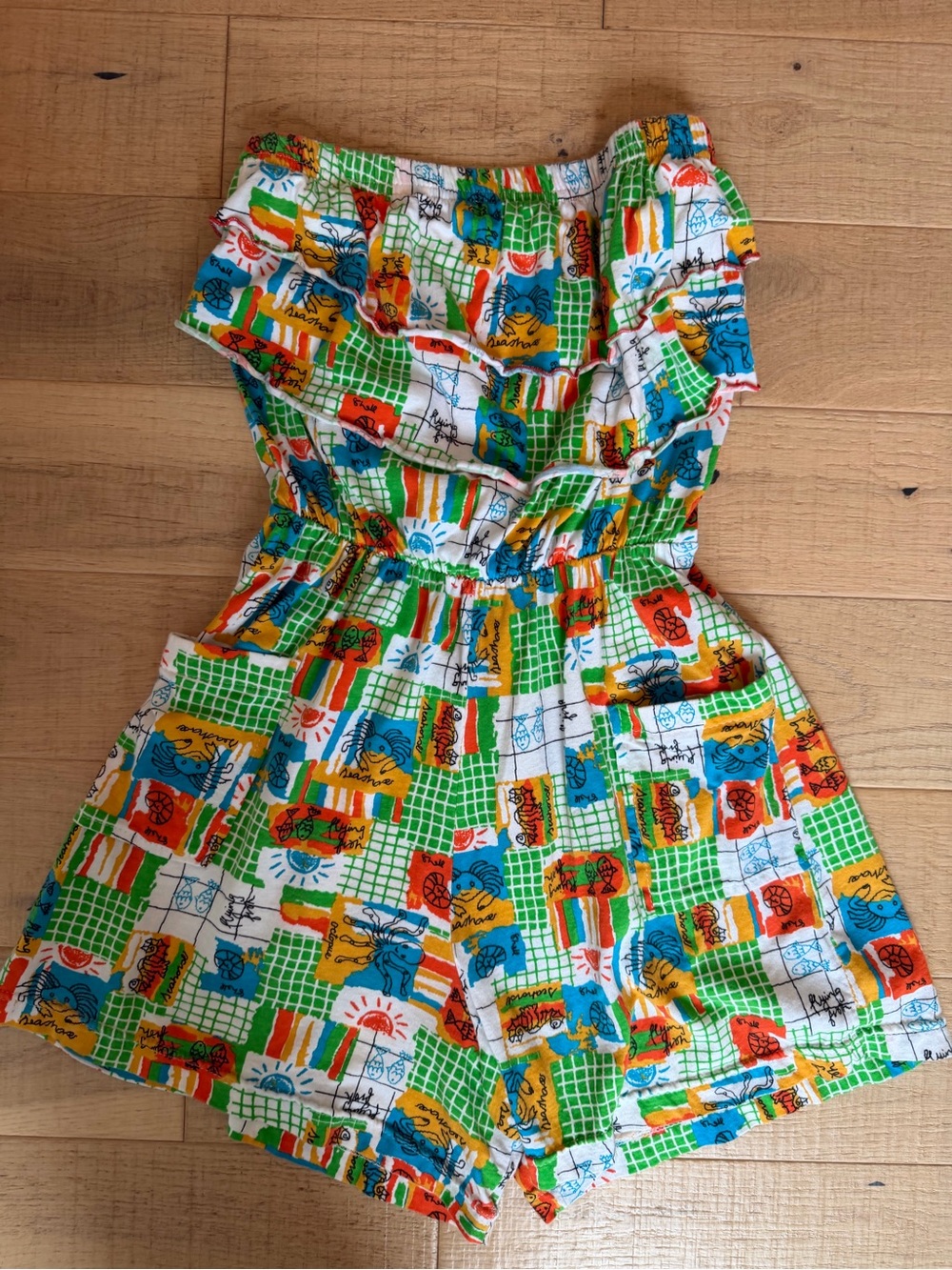 Vintage Girls Multicolor Printed Romper - Green, Blue, Yellow, Red